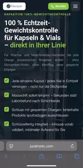Bildschirmaufnahme der Webseite von Juratronic auf dem Handy