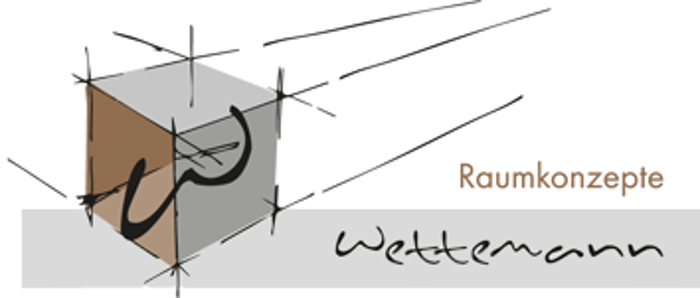 Skizze eines Würfels mit stilisiertem "W" und Text "Raumkonzepte Wettemann".