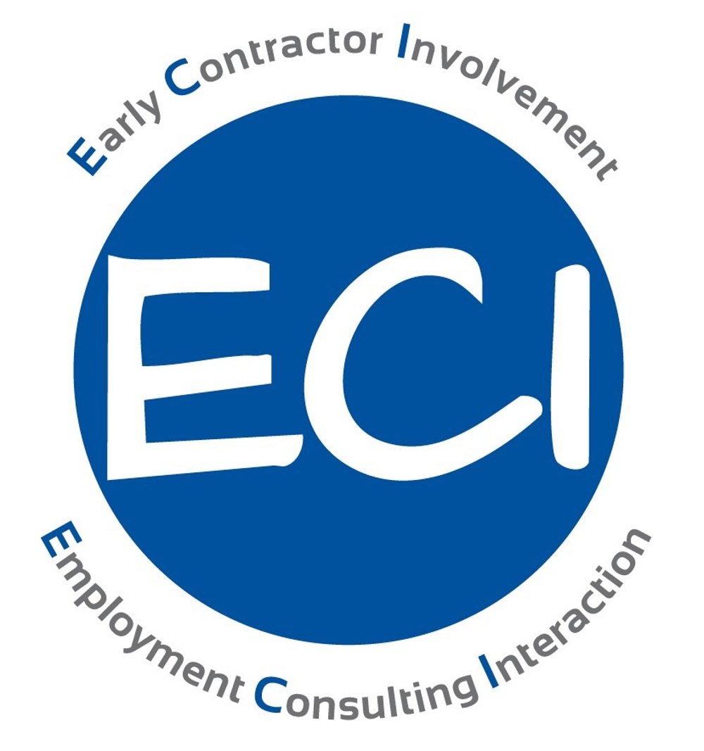 Blauer Kreis mit weißem Rand und den weißen Buchstaben "ECI", darunter "Employment Consulting Interaction".