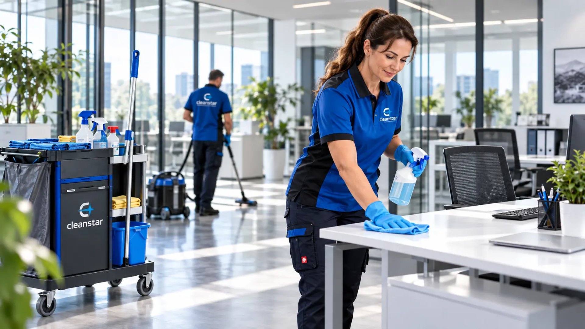 Reinigungskraft mit Reinigungswagen in einem Büroflur