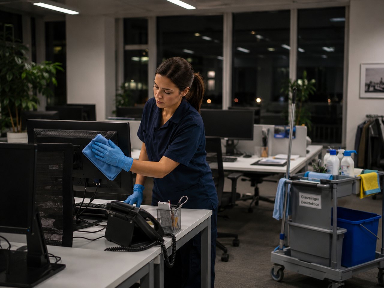Reinigung von Arbeitsplätzen in einem Büro nach Dienstschluss