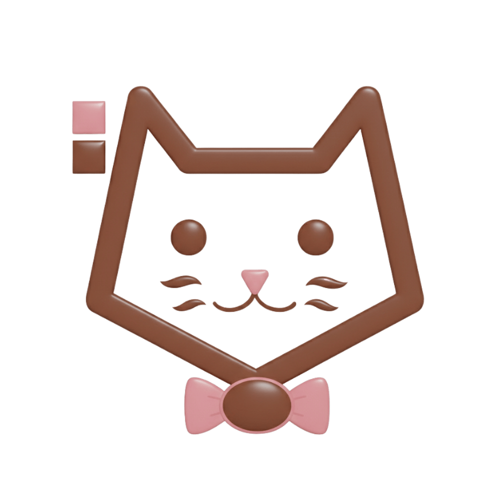 A 3D brown cat head outline with a pink bow tie and small pink and brown squares in the upper left.
