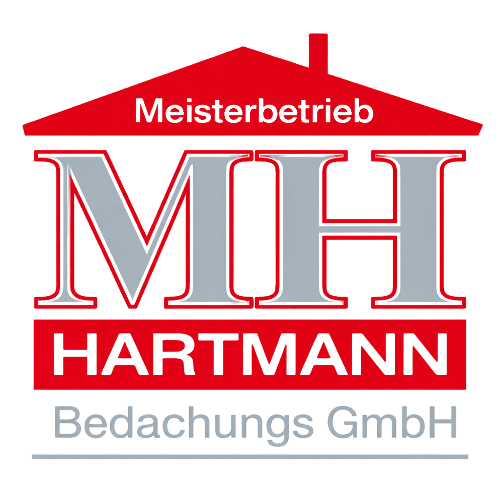 Logo: Rotes Hausdach über grauen Buchstaben "MH", darunter "HARTMANN Bedachungs GmbH" in Rot und Grau.