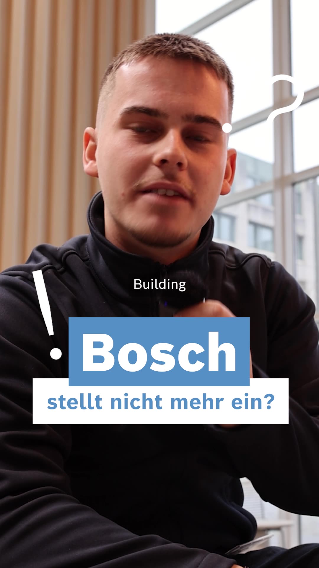 Standbild aus dem Kampagnenvideo, in dem ein Auszubildender die Frage beantwortet, ob Bosch noch einstellt