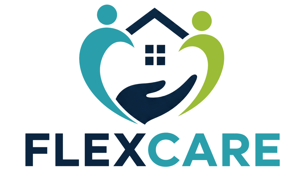 FlexCare Logo mit Haus, schützender Hand und zwei stilisierten Personen, die eine Herzform bilden.