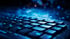 Nahaufnahme einer Computertastatur mit blauer Beleuchtung und leuchtenden digitalen Partikeln im Hintergrund.