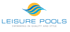Logo für Leisure Pools mit orangefarbenem Kreis, blauen Wellen und dem Slogan "SWIMMING IN QUALITY AND STYLE".