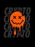 Orange melting smiley face with X eyes, on a black background with repeating grey "CRYPTO" text.