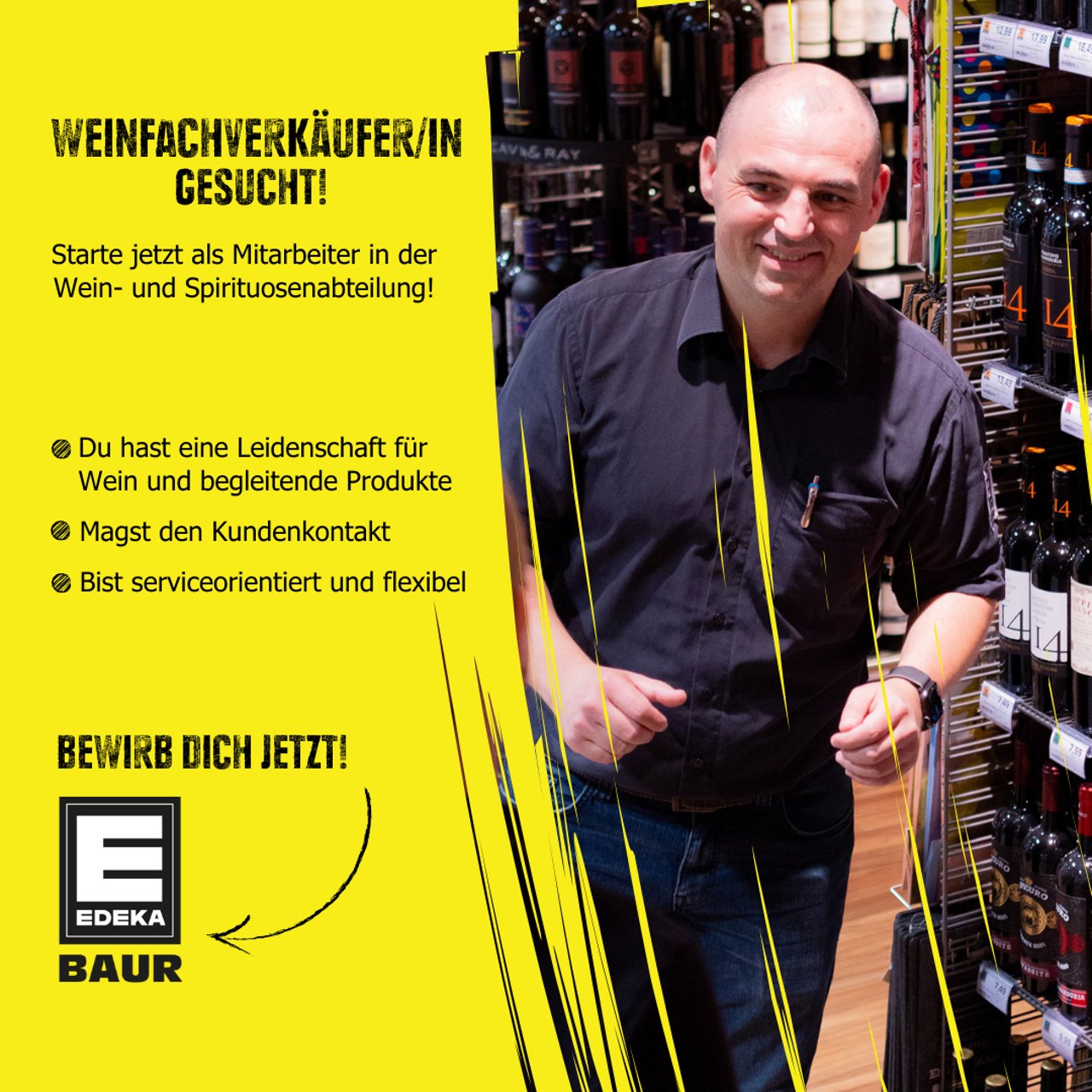 Recruiting-Anzeige Edeka Baur: lächelnder Mitarbeiter in der Weinabteilung
