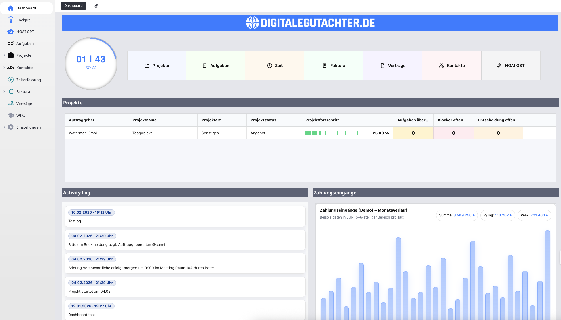 Zentrales Dashboard mit Projekten, Aufgaben und Zahlungseingängen