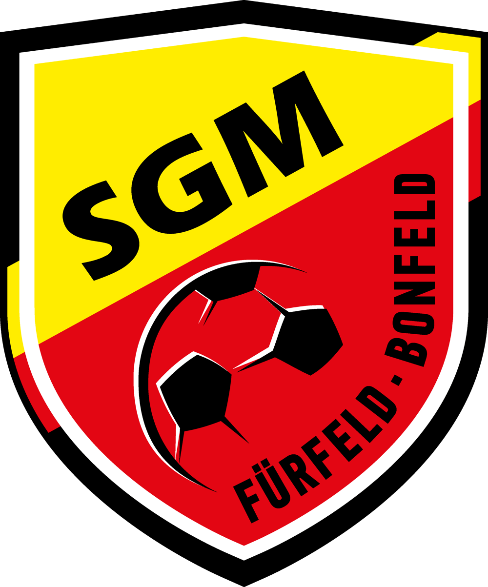 Wappen mit gelb-rotem Hintergrund, schwarzem SGM-Text, Fußball und "FÜRFELD · BONFELD" in Weiß.