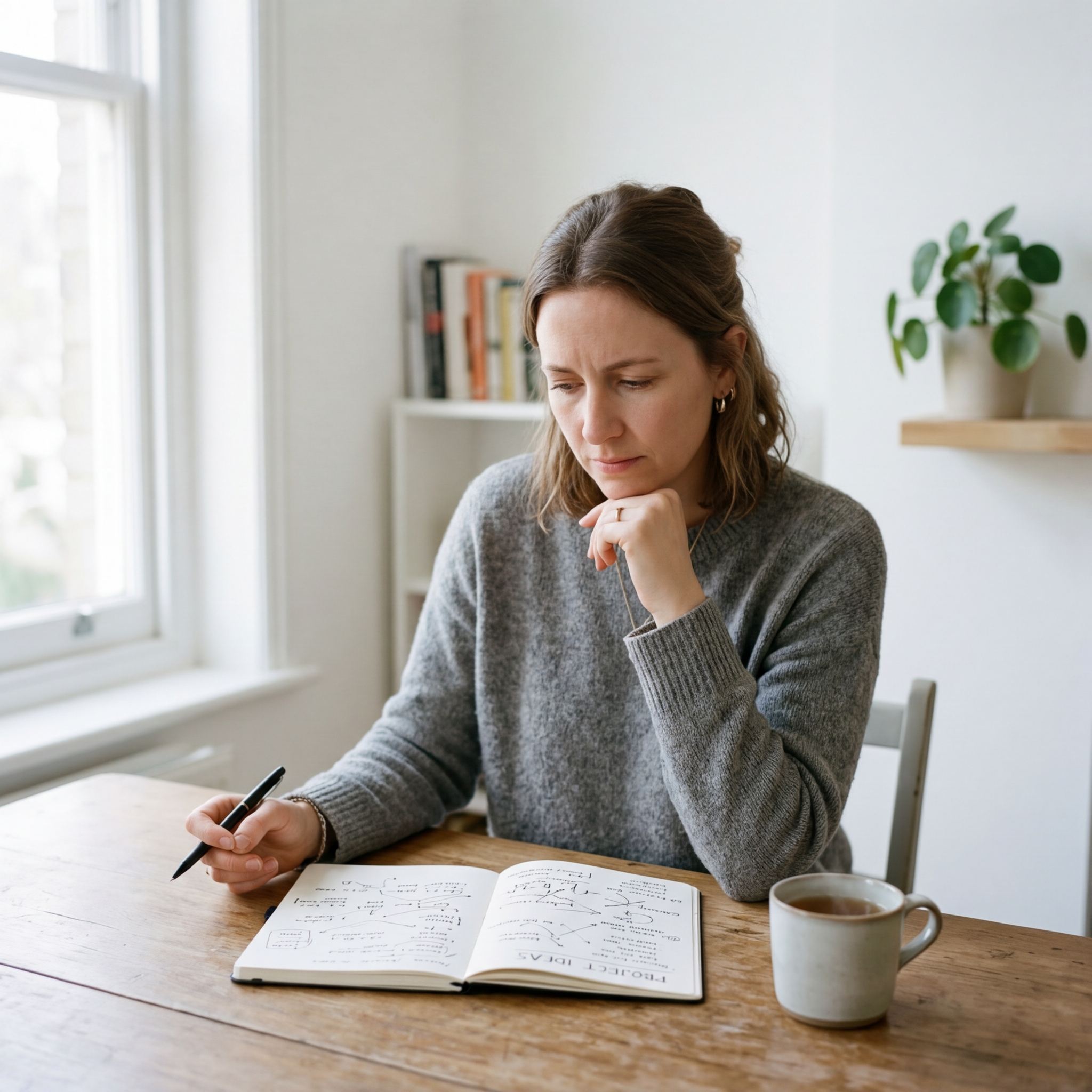 Frau sitzt entspannt am Tisch mit einer Tasse Kaffee