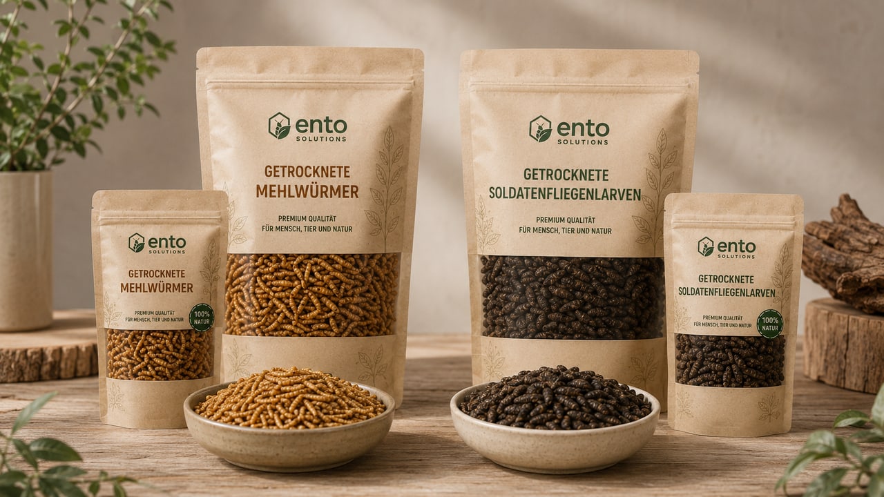 Getrocknete Mehlwürmer und Black-Soldier-Fly-Larven als marktfähige entoSOLUTIONS-Produkte.