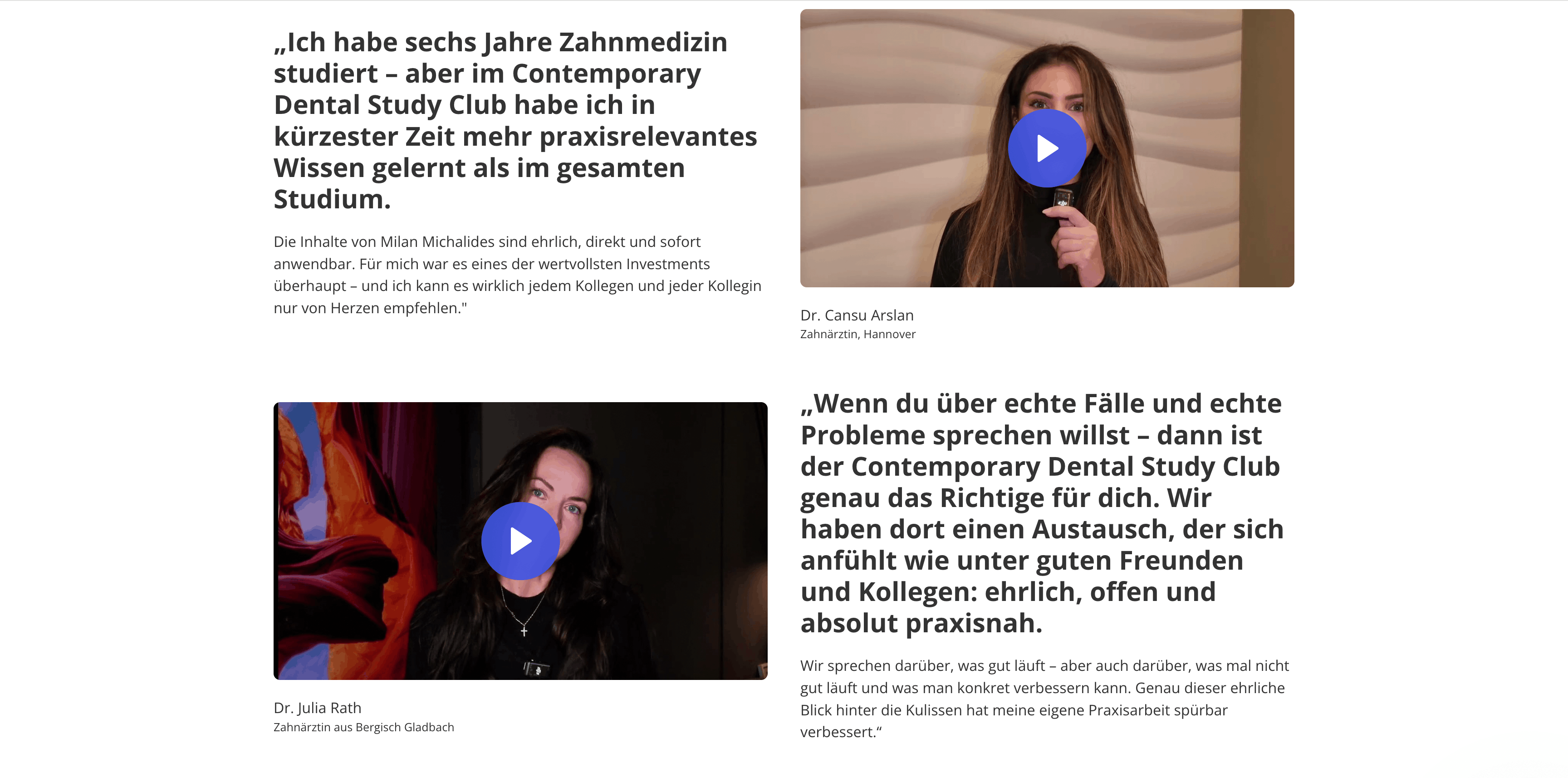 Testimonials und Mitgliederstimmen auf der Study-Club-Landingpage
