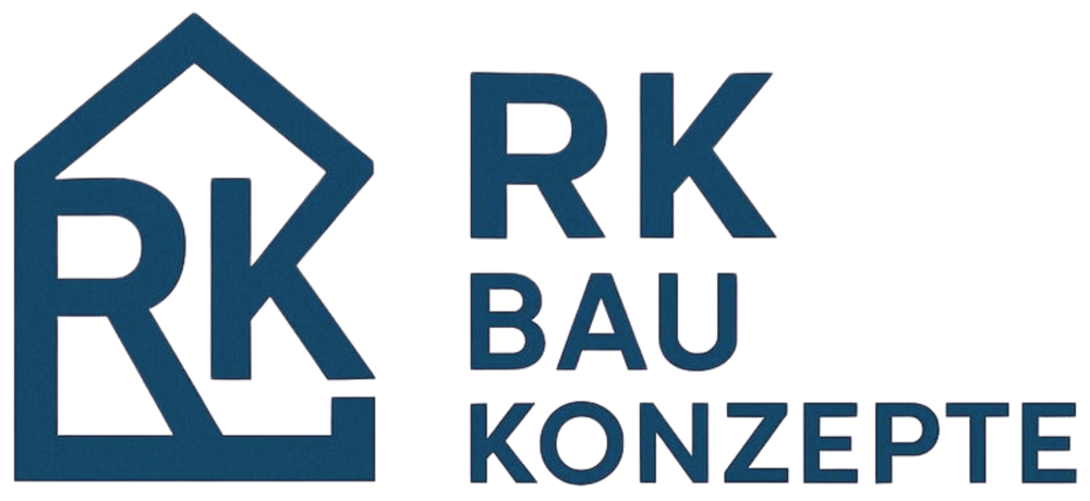 Logo mit stilisiertem Haus und den Buchstaben "RK BAU KONZEPTE" in dunkelblauer Schrift.