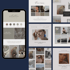 Bildschirm zeigt mobile Website-Design mit Logo, Farbpalette und Bildern. Rechts sind weitere Website-Layouts mit Fotos.