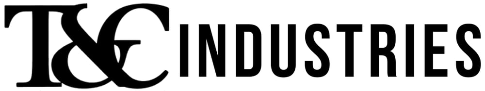 Black text logo for "T&C INDUSTRIES" with a stylized ampersand connecting the T and C.