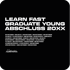 Schwarze Karte mit Text: "LEARN FAST GRADUATE YOUNG ABSCHLUSS 20XX" und einer Liste von Namen darunter.