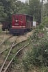 Rote Schmalspurlokomotive mit Wagen auf einer Weiche, umgeben von grünen Büschen und Bäumen.