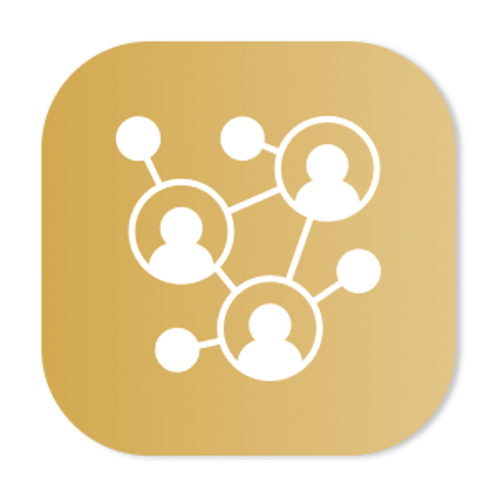 Weißes Netzwerk-Icon mit Personen-Silhouetten und Verbindungslinien auf goldfarbenem quadratischem Hintergrund.
