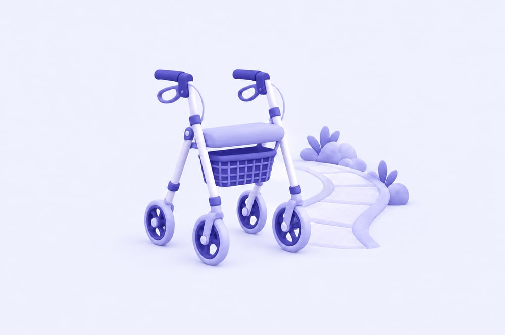 Illustration: Rollator mit Handbremsen, Sitz und Korb neben einem Gartenweg