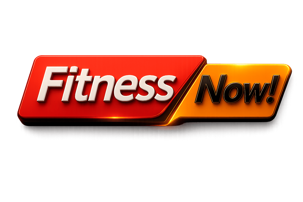 Fitness Now! Logo in 3D-Optik mit weißer Schrift auf rotem Grund und schwarzer Schrift auf orangefarbenem Grund.