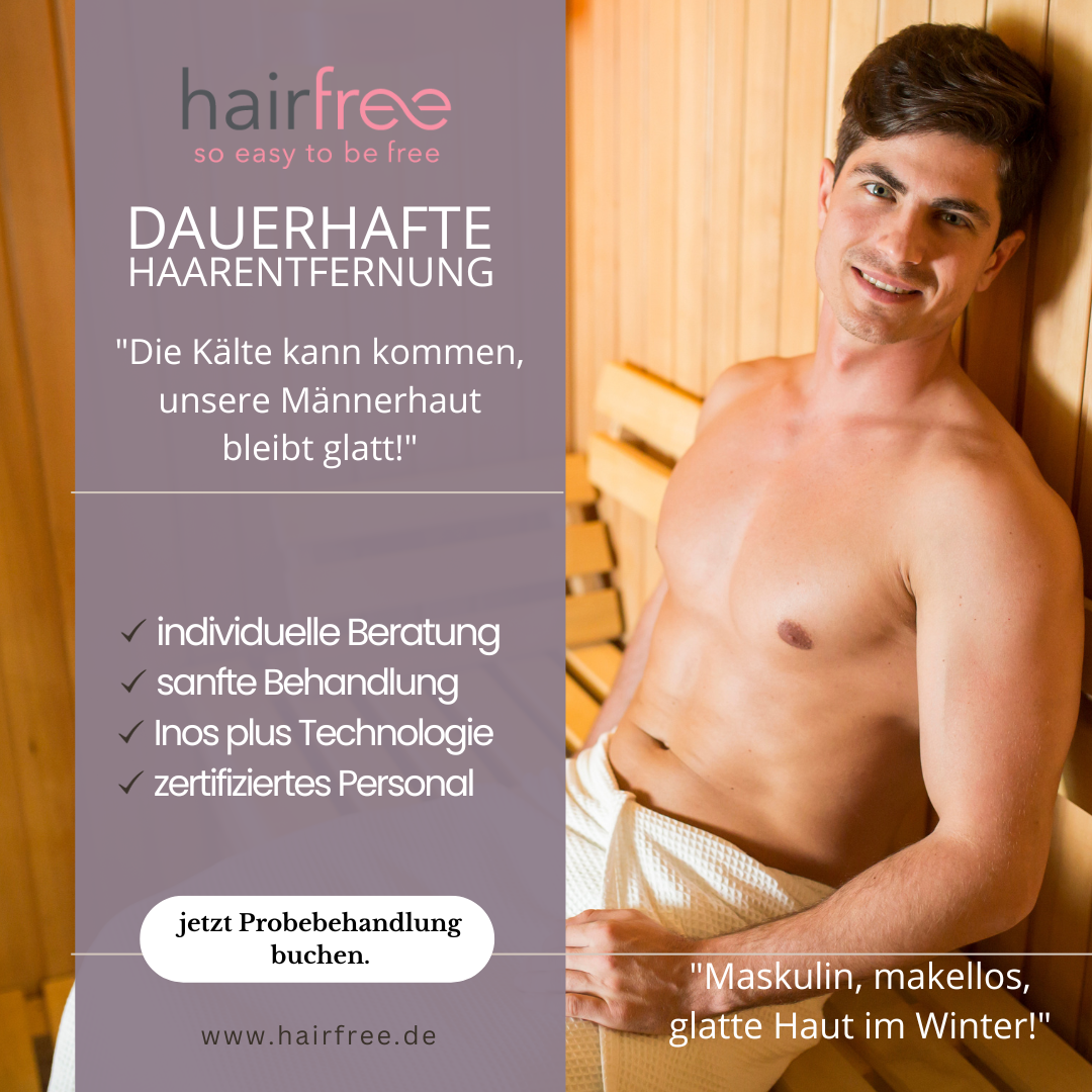Anzeige hairfree: lächelnder Mann in der Sauna