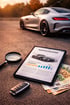 Silbernes Auto, Tablet mit "WERTGUTACHTEN", Lupe, Autoschlüssel und Euro-Banknoten auf Asphalt.