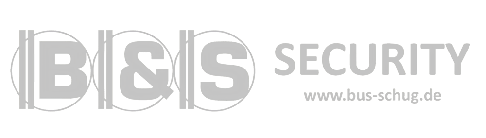 Logo von B&S Security mit der Website-URL www.bus-schug.de in grauer Schrift auf schwarzem Hintergrund.