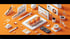 SEO-Tools und Diagrammen auf orangefarbenem. Tablet mit Balkendiagramm.