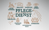 Pflegedienst-Grafik mit Icons für Beratung, Betreuung, Hausnotruf, Versorgung, häusliche Pflege und medizinische Hilfe.