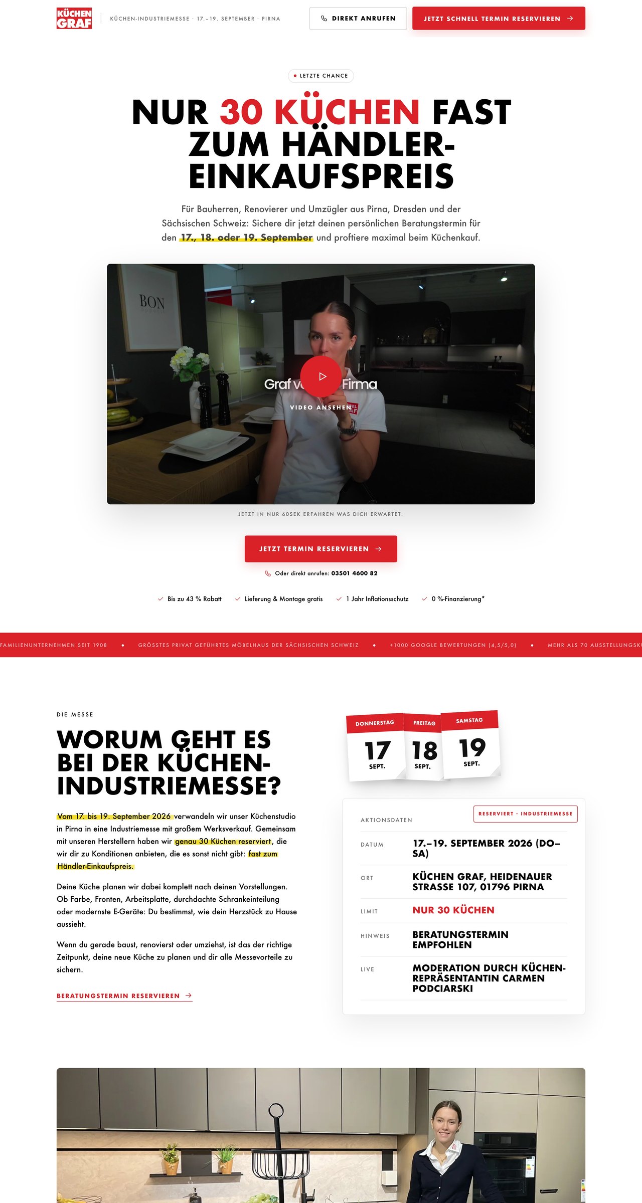 Küchen Graf Industriemesse website, first three screens
