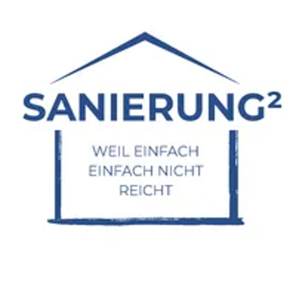 Blaues Haus-Logo mit Text "SANIERUNG² WEIL EINFACH EINFACH NICHT REICHT" auf weißem Hintergrund.