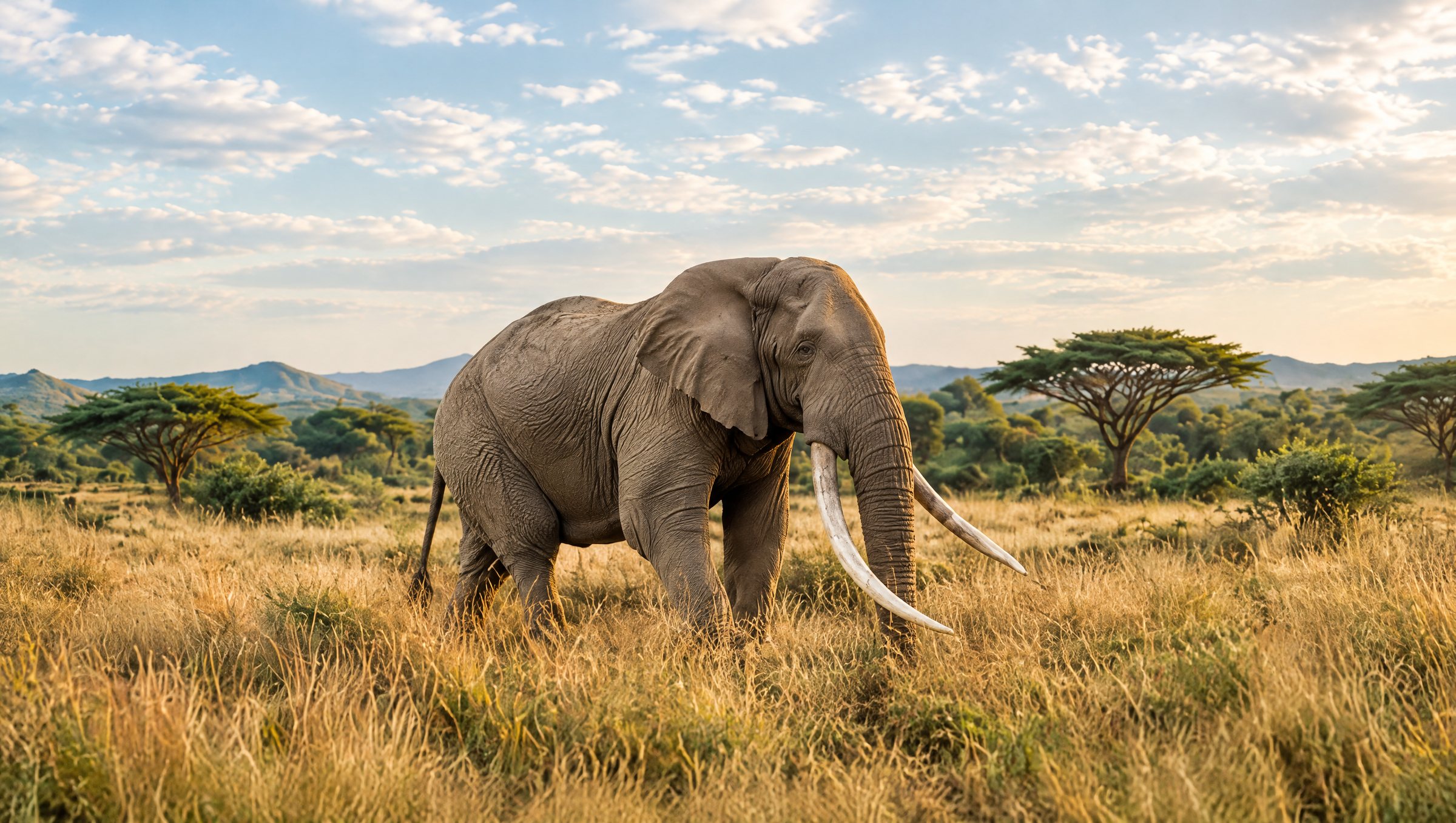 An African bush elephant with long tusks walking through golden savanna grass