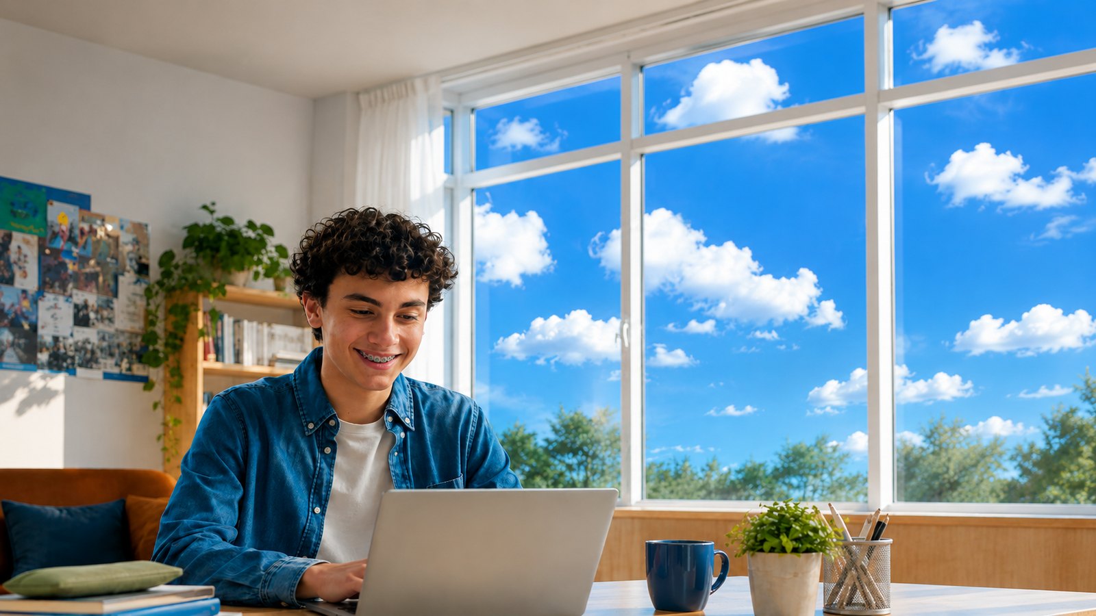 Ein junger Mann bewirbt sich am Laptop an einem hellen Fenster