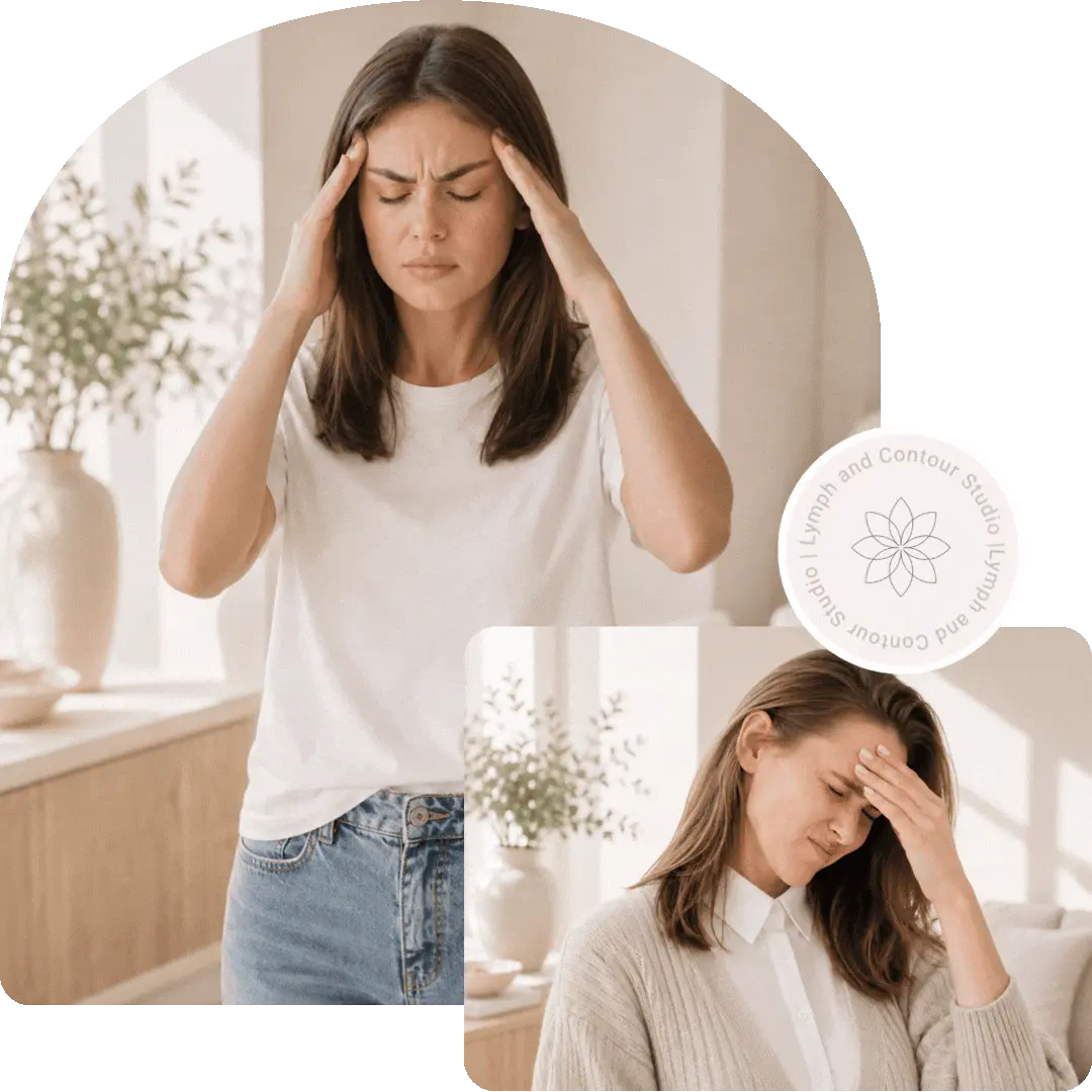 Women holding their heads in discomfort from a severe headache with Lymph and Contour Studio in Clearwater, FL logo on top of the image