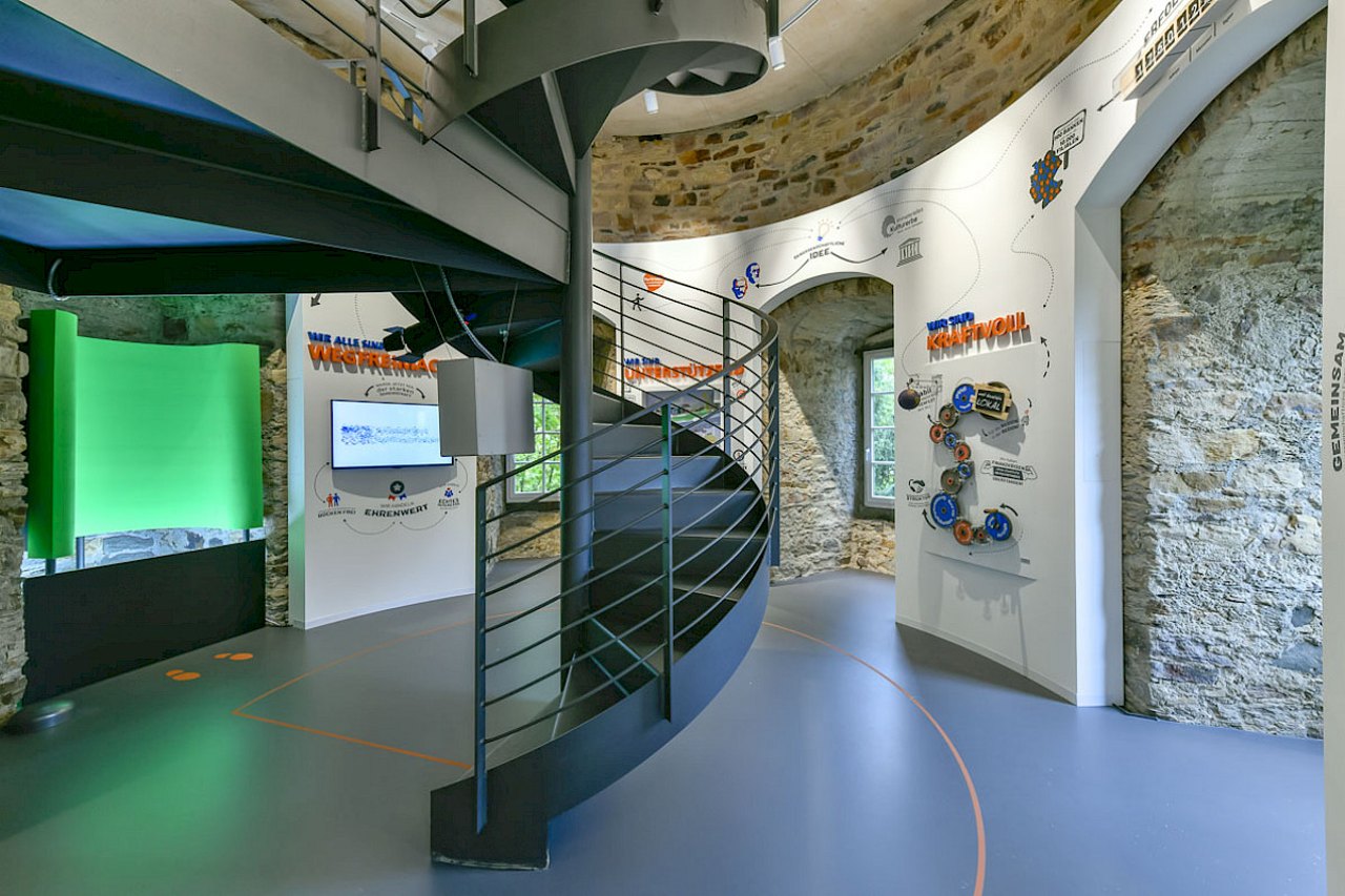 Der MarkenTurm am Schloss Montabaur: ein moderner Ausstellungspavillon am Fuße des historischen Turms – zum 200-jährigen Jubiläum der genossenschaftlichen Idee eröffnet.