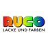 RUCO LACKE UND FARBEN Logo mit regenbogenfarbenem Text auf dunklem Hintergrund.