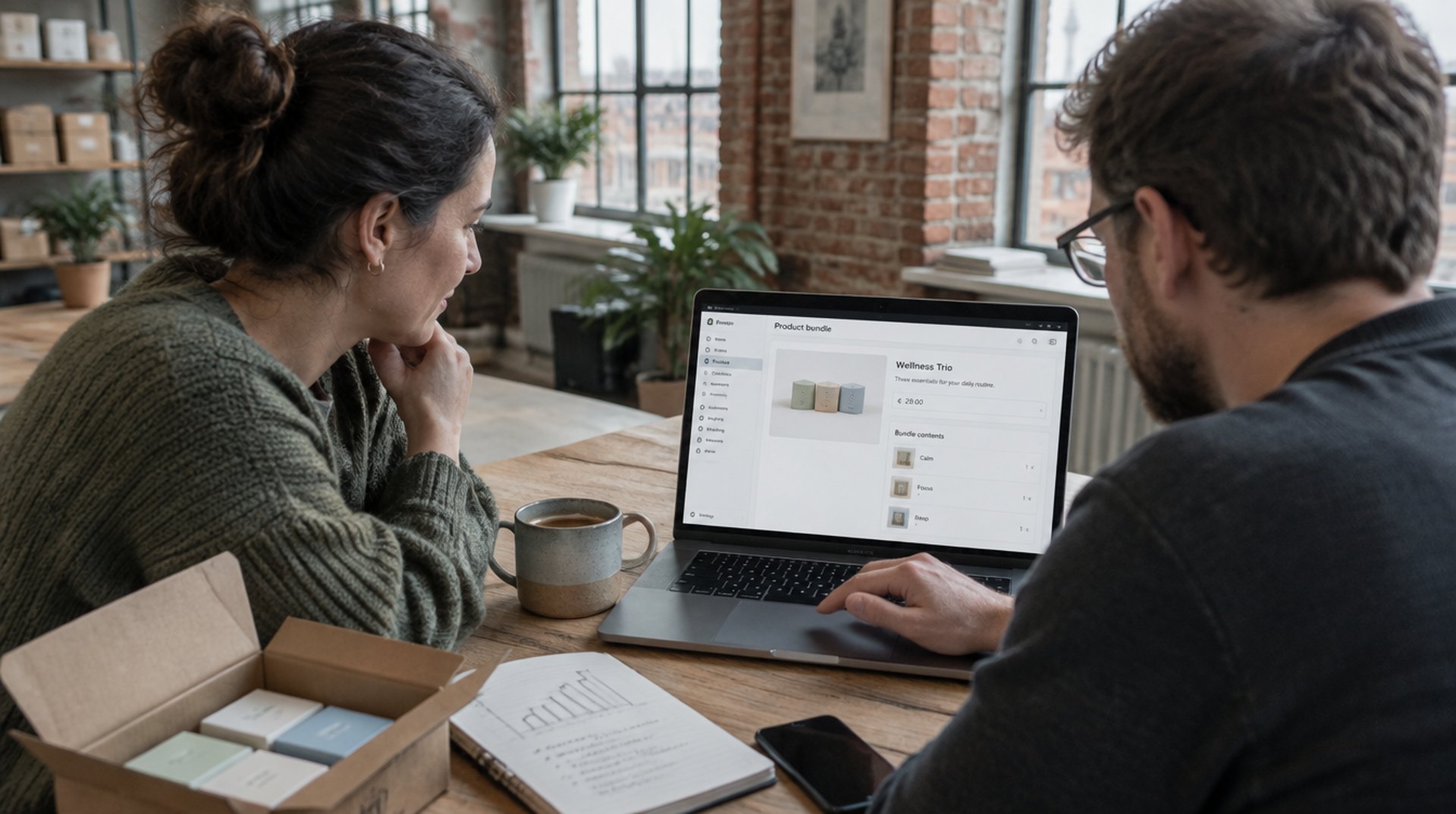Shop-Inhaberin und Shopify Freelancer in einem Berliner Loft am Laptop mit einem Produkt-Bundle im Shopify-Admin, daneben ein geöffneter Versandkarton