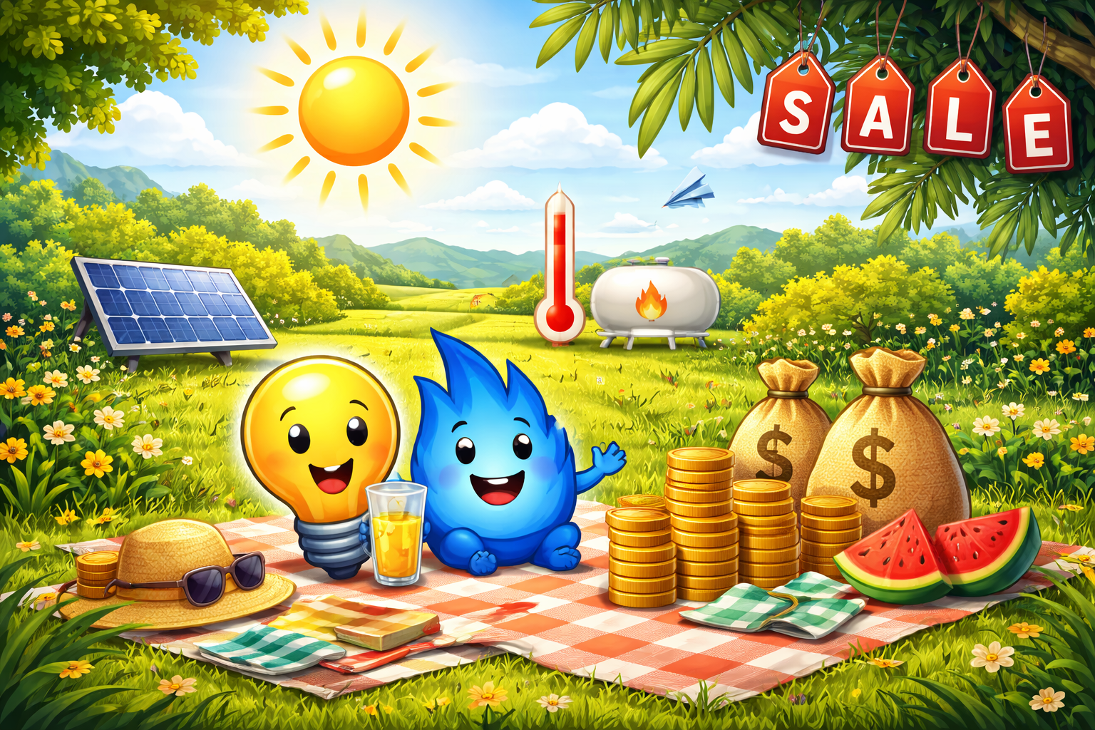 Sonnige Landschaft mit Solarpanel, Thermometer, Gastank, lachender Glühbirne, Flamme, Geldbeuteln und "SALE"-Schildern.