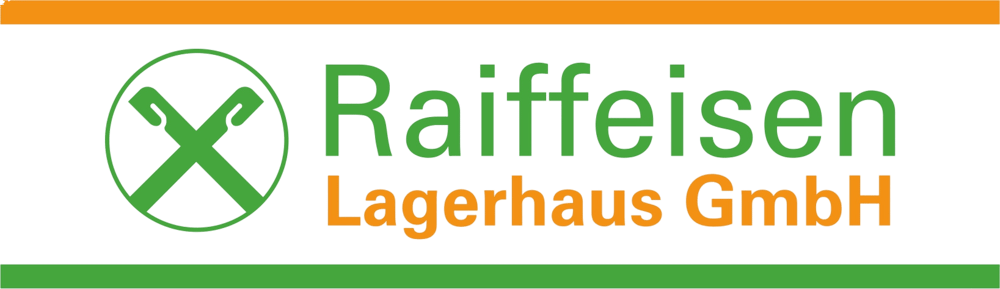 Raiffeisen Lagerhaus GmbH Logo mit gekreuzten Giebeln in Grün und Orange.