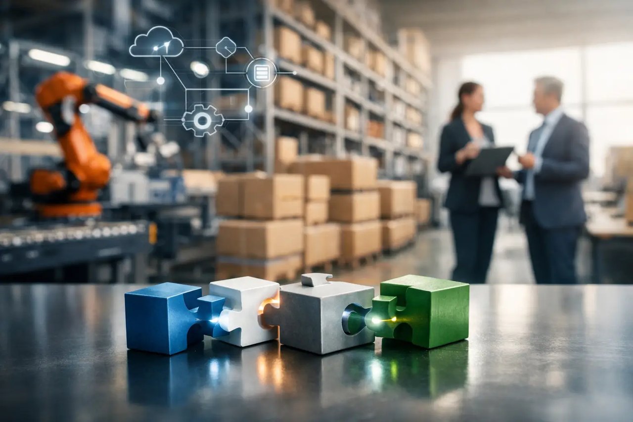 Vier Puzzleteile im Vordergrund vor einem Logistikzentrum mit Roboterarm, Hochregalen und zwei Personen im Hintergrund.
