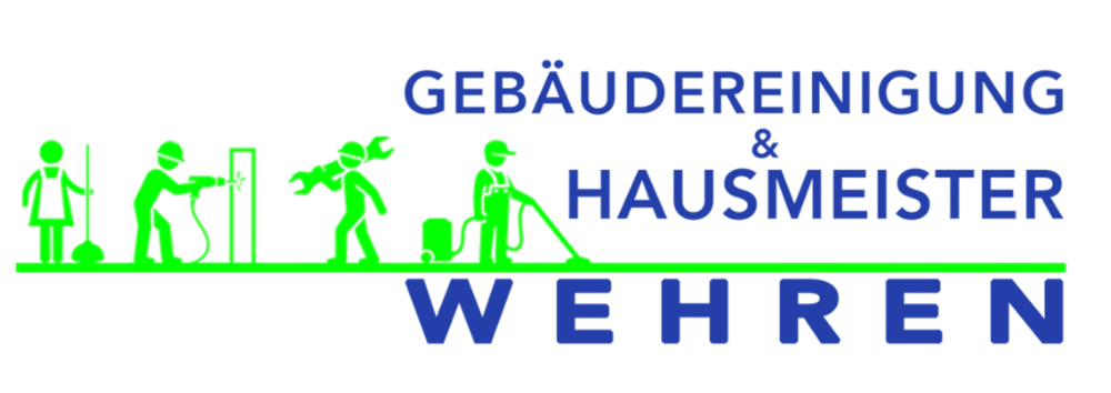 Grüne Piktogramme von Gebäudereinigern und Handwerkern, Text "GEBÄUDEREINIGUNG & HAUSMEISTER WEHREN".