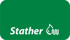 Grünes Rechteck mit abgerundeten Ecken, weißem Text "Stather" und einem stilisierten Flammensymbol mit Wellenlinien.