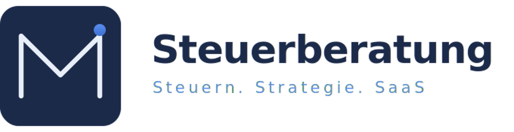 Logo mit weißem "M" und blauem Punkt auf dunklem Quadrat, daneben "Steuerberatung", darunter "Steuern. Strategie. SaaS".