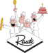 Vier lachende Bäcker in wei�ßen Uniformen halten Brot, Brezel, Kuchen und zeigen auf die Schrift "Raute".