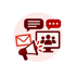 Rote Icons für Megafon, Briefumschlag, Sprechblasen und Videokonferenz auf einem hellrosa Kreis - Software für Stabsarbeit - Notfall- und Krisenmanager (NKM®).