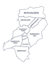 Karte von Darmstadt mit Stadtteilen: Wixhausen, Arheilgen, Kranichstein, Darmstadt-Nord, Darmstadt-Ost, Mitte, Bessungen, Darmstadt-West, Eberstadt.