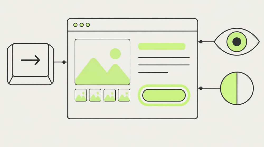 Illustration: Browserfenster mit Shop-Seite und deutlich umrandetem Button, links eine Tabulatortaste, rechts ein Auge und ein halb gefüllter Kontrastkreis