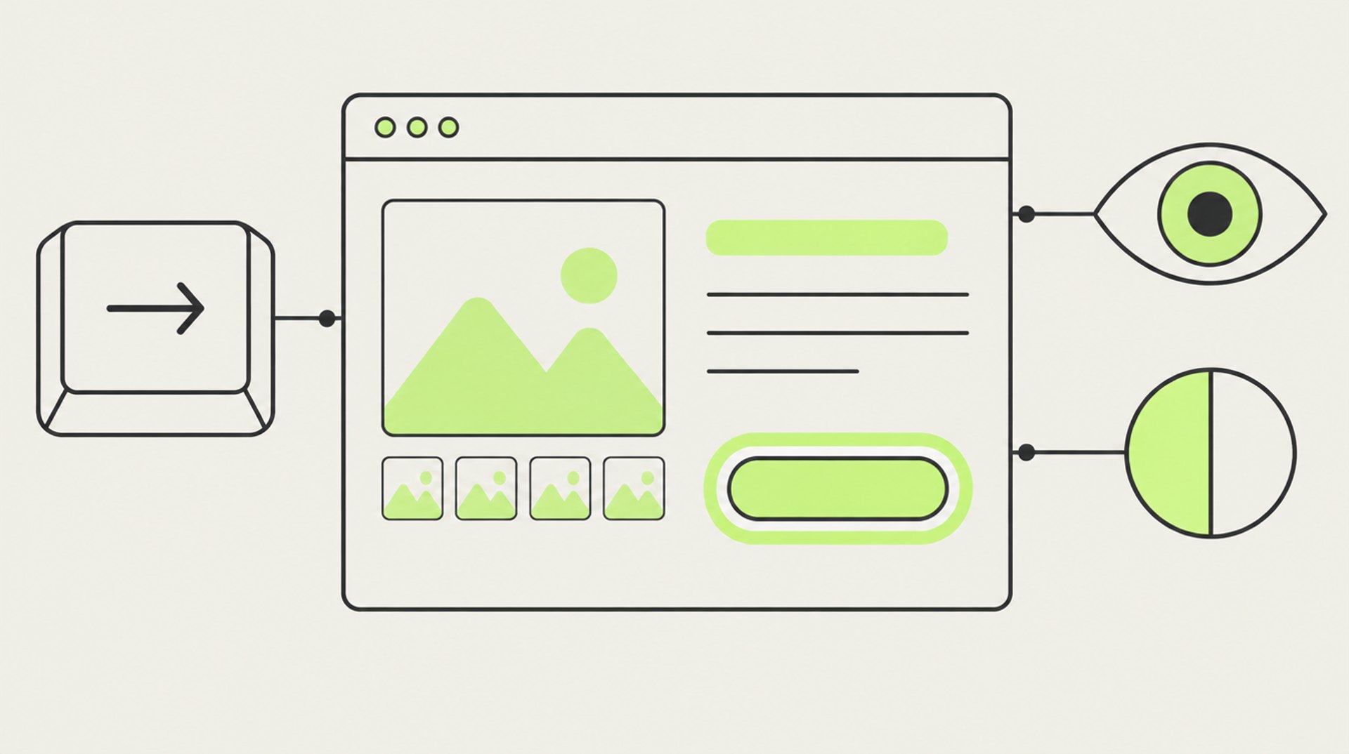 Illustration eines Browserfensters mit Shop-Seite und deutlich umrandetem Button, links eine Tabulatortaste, rechts ein Auge und ein halb gefüllter Kontrastkreis